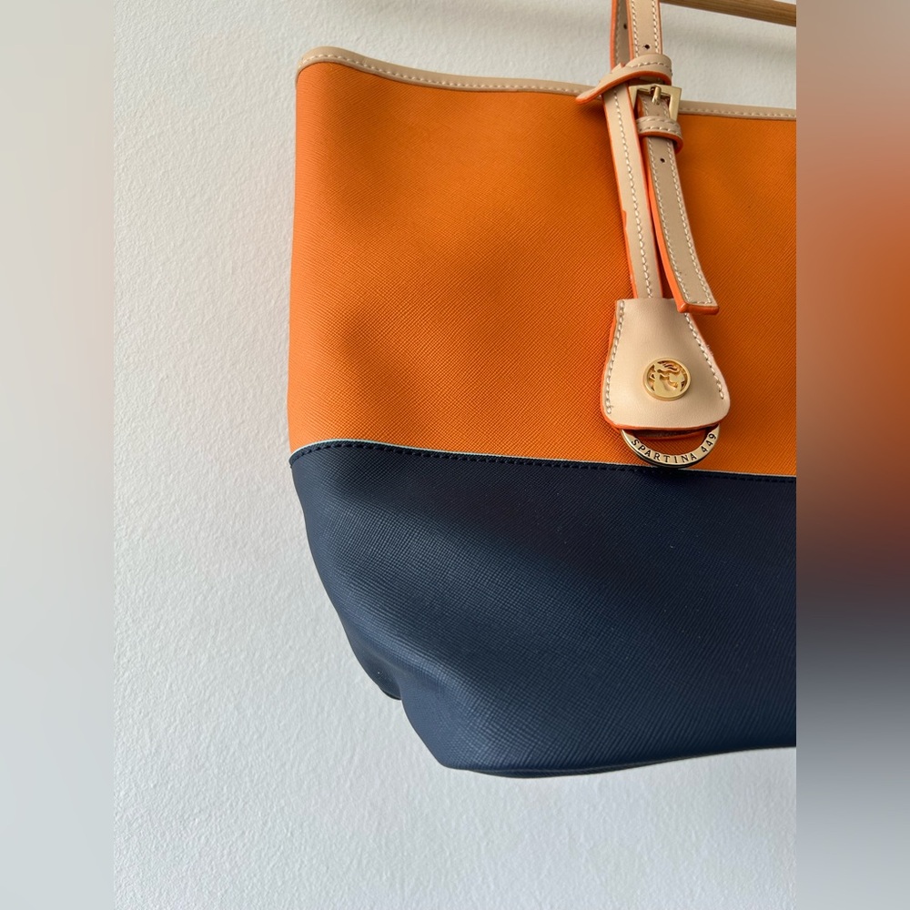 NWOT Spartina 449 Orange Navy Blue Tote Bag with Multi-color Silky Lining - Picture 5 of 15